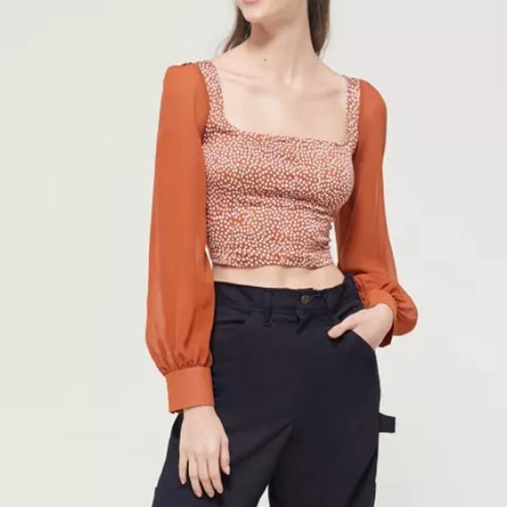 NWT Urban Outfitters Lena Sheer Sleeve Square Neck Cropped Blouse Womens S